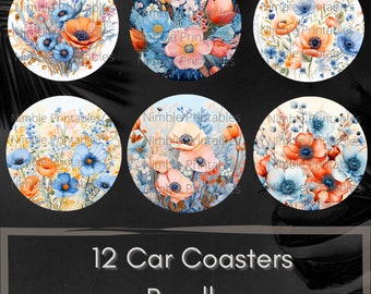 Wildflower Car Coaster PNG, Boho PNG, Instant Downloads Sublimation Design Car Accessories