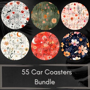 May include: A bundle of 55 car coasters with floral designs in various colors, including red, orange, and blue. The coasters feature botanical patterns and the text "Nimble Printables".