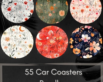 Posavasos para coche PNG, descargas instantáneas, diseño de sublimación, accesorios para coche, diseños de posavasos para coche, PNG floral celestial, PNG redondo
