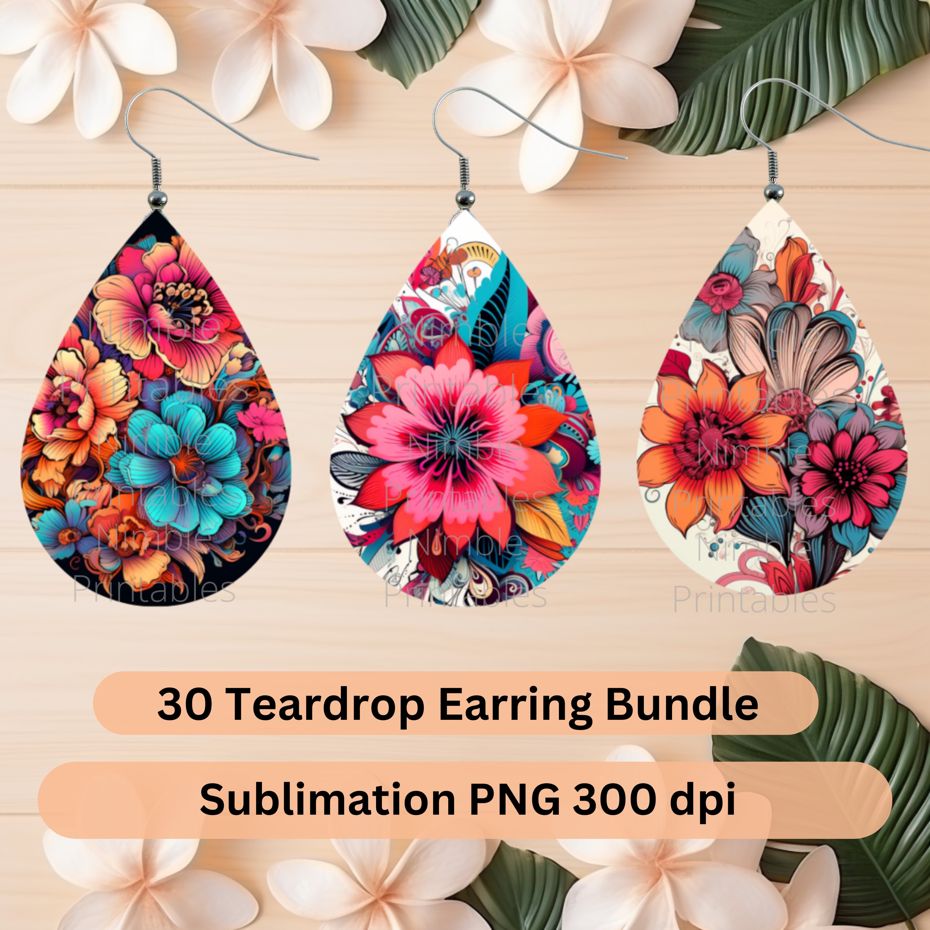 Teardrop Earring PNG Bundel 30 Boho Bloemen Oorbellen Teardrop Earring PNG Sublimatie Earring Ontwerpen Digitale Download Instant Download