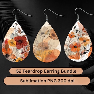 May include: Set of three teardrop-shaped earrings with a floral design. The earrings are white with orange, brown, and black floral accents. The earrings are 52 teardrop earring bundle sublimation PNG 300 dpi.