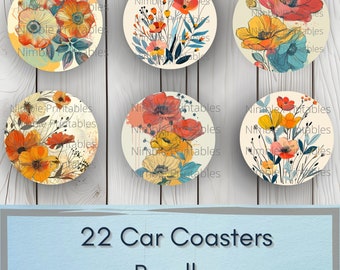 Vintage Boho Floral Car Coaster PNG, Floral, Car Coaster PNG, Boho PNG, Instant Downloads Sublimation Design Car Accessories