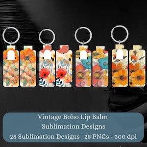 Vintage Boho bloemen mager lippenbalsem sublimatie bundel mager lippenbalsem houder PNG sleutelhanger tag fob digitale downloads, Instant Download