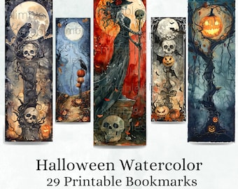 Printable Bookmarks Bundle Halloween Watercolor, Digital Downloads, 29 PNG and 29 JPG Bookmark Sublimation Fantasy png, Dark Academia png