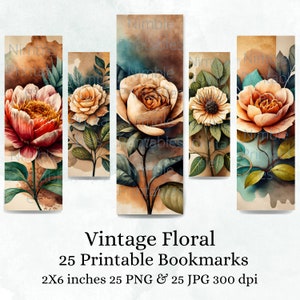 Paquete de marcadores imprimibles Vintage Floral, Descarga digital, Conjunto de marcadores imprimibles, Sublimación de marcadores de 25 PNG y 25 JPG