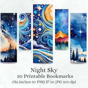 Printable Bookmarks Bundle Celestial Night Sky Theme, Digital Downloads, Watercolor bookmark, 30 PNG and JPG bookmark sublimation,