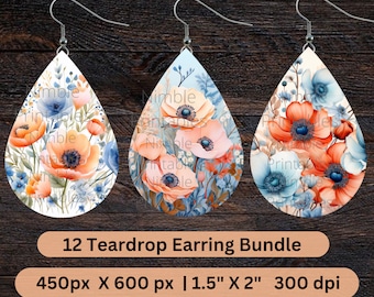 Teardrop Earring PNG Bundle 12 Boho Floral Earrings Teardrop Earring PNG Sublimation Earring Designs Digital Download Instant Download