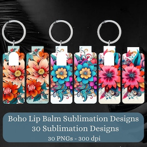 Boho magere lippenbalsem sublimatie bundel magere lippenbalsem houder PNG sleutelhanger tag fob digitale downloads, Instant Download bloemen, png