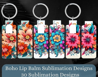 Boho magere lippenbalsem sublimatie bundel magere lippenbalsem houder PNG sleutelhanger tag fob digitale downloads, Instant Download bloemen, png