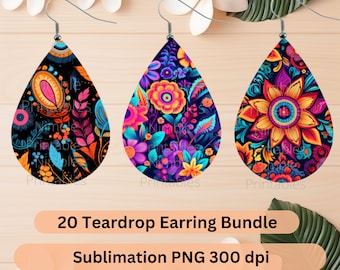 Teardrop Earring PNG Bundle 20 Hippie Boho Floral Earrings Sublimation Earring Designs Digital Download Instant Download Groovy PNG