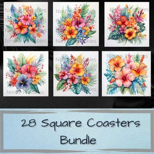 May include: A set of 28 square coasters featuring a watercolor design of tropical flowers in shades of pink, orange, yellow, and blue. The flowers are surrounded by green leaves. The text "28 Square Coasters Bundle" is printed at the bottom of the image.
