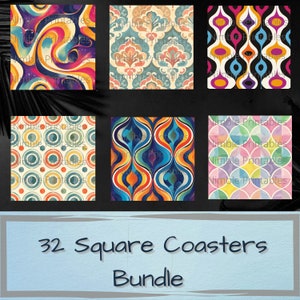 Retro Prints Square Coaster PNG, Instant Downloads Sublimation Design, Groovy PNG, Trendy png, Digital Paper Pack