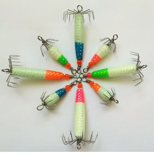 8pc Squid Jig - 2/3oz and 1/4oz with 4 color, super glow in dark , west coast and east coast squid jig (WA, MA, FL)