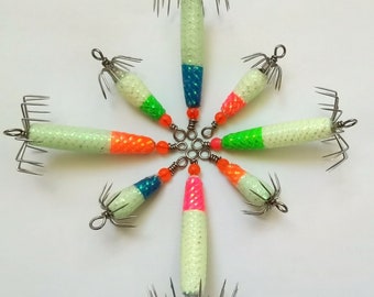 8pc Squid Jig - 2/3oz and 1/4oz with 4 color, super glow in dark , west coast and east coast squid jig (WA, MA, FL)