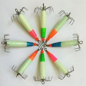 8pc Squid Jig - 2/3 oz with 4 color, super glow in dark, west coast and east coast squid jig (WA, MA, FL)