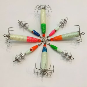 8pc Squid Jig - 2/3oz and 1/5oz with 4 color, super glow in dark , west coast and east coast squid jig (WA, MA, FL)