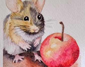 nr 009 Een dubbele wenskaart met een muisje. Origineel aquarel met de hand geschilderd. Geen print