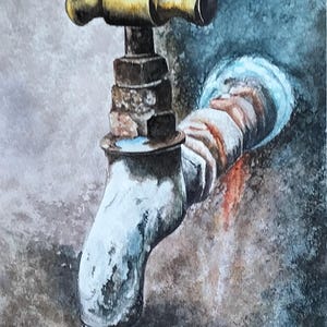 Könnte beinhalten: Aquarellmalerei eines alten, verwitterten Wasserhahns. Der Wasserhahn aus Metall mit einem goldfarbenen Griff weist Rost- und Altersspuren auf. Ein einzelner Wassertropfen hängt am Auslauf. Der Hintergrund ist eine strukturierte, gedämpfte Farbe.