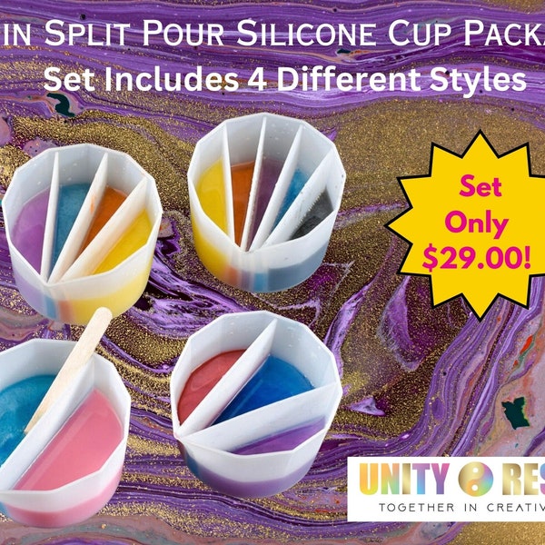 Resin Silicone Split Pour Cups/ 4 Piece Set/ Includes 2, 3, 4, & 5 Channel Designs, Premium Quality and Easy to Use/ Paint Pour Split Cups