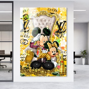 Wandbild Golden MICKEY MOUSE Pop Art Luxus Art Champagner und Geld Luxusmodemarke Leinwand , Acrylglas , Poster Wand Bild Home Dekoration