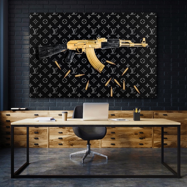 Wandbild Luxusmodemarke WAFFE AK47 LV LUXUSMARKE bullets Leinwand, acrylique + aluminium, toile, poster, art mural, déco maison