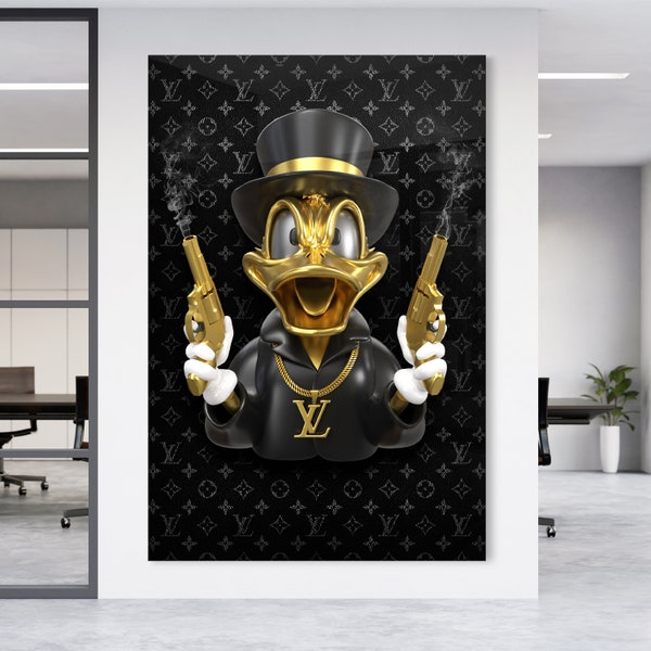 Wandbild Modern , Luxusmodemarke SCROOGE MCDUCK DOLLAR Goldene Luxus Art Leinwand , Acrylglas , Poster mural Home Deko Or noir