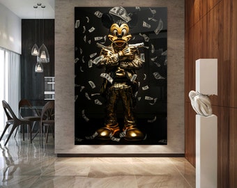 Wandbild Modern Kunst , MICKEY MOUSE WAFFEN , Golden Luxury Geld Money , Leinwand , acrylique , affiche , image murale décoration d'intérieur