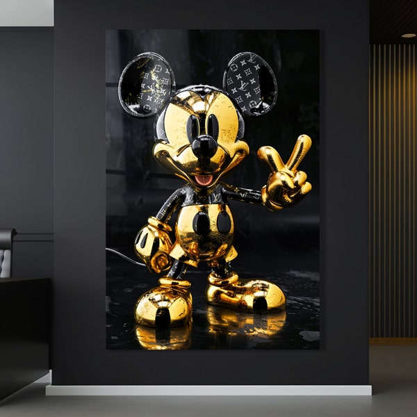 Wandbild Modern Kunst, MICKEY MOUSE Goldene Luxusmodemarke Art, Leinwand, acrylique, affiche, photo murale Home Deko Black Gold