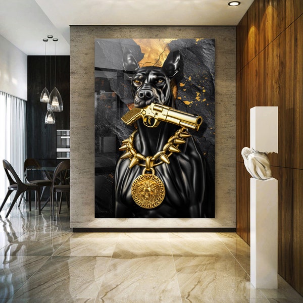 Wandbild Modern Kunst , DOBERMANN HUND WAFFEN Luxusmodemarke Art , Leinwand , acrylique , affiche , image murale Home Deko Black Gold