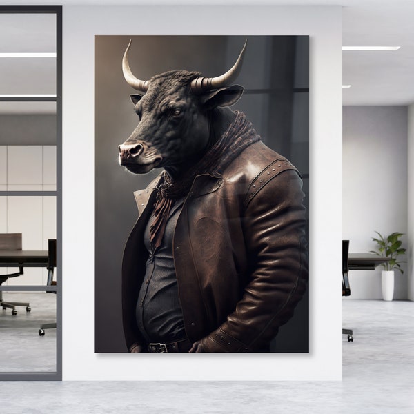 Bull Stier indossa una giacca Animal Business Leinwand , Acrylglas + Aluminium , Canvas , Poster , Wandbild , Art Wall Picture Home Decoration