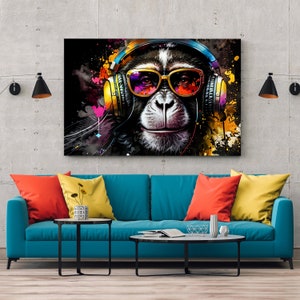 Wandbild Affe, Gorilla mit Musik-Kopfhörer, full color Leinwand , Acrylglas + Aluminium , Canvas , Poster , Art Wall Picture Decoration
