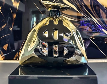 Luxus Gold Geld - Money Pop-Art-Statue (Black Base) von Alec Monopoly inspiriert, Moderne Kunst Dekoration, Luxus und Reichtum, Lifestyle