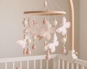 Blush Pink Butterfly Baby Mobile, Wooden Crib Mobile, Girl Nursery Decor, Montessori Mobile, Felt Butterfly Mobile, Baby Shower Gift