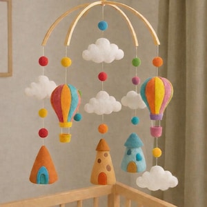 Felt Cappadocia Fairy Chimneys Mobile | Hot Air Balloon & Clouds Nursery Decor | Unique Adventure Crib Mobile | Gender Neutral Baby Gift