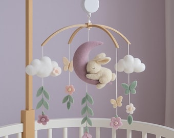 Felt Baby Mobile with Bunny and Moon – Neutral Nursery Decor | Handmade Crib Mobile | Baby Shower Gift | Cloud & Butterfly Mobile