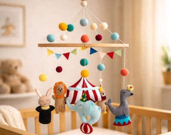 Circus Baby Mobile for Crib, Colorful Felt Nursery Decor, Big Top Theme,Personalized Baby Shower Gift, Handmade Crib Mobile,Carnival Nursery
