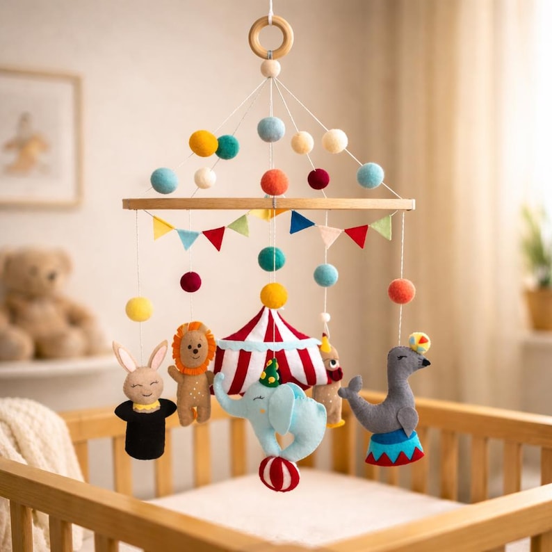 Circus Baby Mobile for Crib, Colorful Felt Nursery Decor, Big Top Theme,Personalized Baby Shower Gift, Handmade Crib Mobile,Carnival Nursery image 1