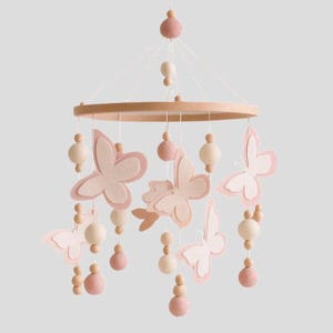 Butterfly Movable Baby Mobile – Handmade Felt Crib Mobile for Baby Girl Nursery, Pink & White Butterflies, Baby Shower Gift, Nursery Decor
