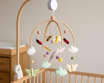 Handmade Felt Baby Mobile – Ladybug, Bee, Butterfly, Cloud Crib Mobile, Nursery Decor, Baby Shower Gift