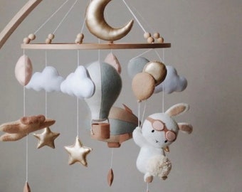 Handmade Baby Mobile, Postpartum Mother Gift, Felt Animal Crib Mobile, Balloon-Star-Cloud-Zeppelin Patterned Mobile, Children's Room Decor