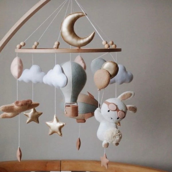 Handgefertigtes Baby Mobile, Post-partum Mutter Geschenk, Filz Tier Krippe Mobile, Ballon-Stern-Wolke-Zeppelin gemusterte Mobile, Kinderzimmer Dekor