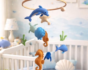 Ocean Baby Mobile – Handmade Felt Crib Mobile with Sea Creatures (Whale, Dolphin, Turtle), Nursery Decor, Baby Shower Gift