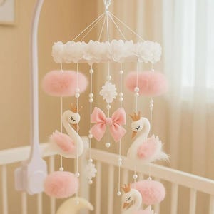 Swan Baby Mobile for Crib Girl–Pink Nursery Mobile–Felt Swan Cot Mobile–Princess Baby Shower Gift– Boho Baby Room Decor–Elegant Baby  Mobile