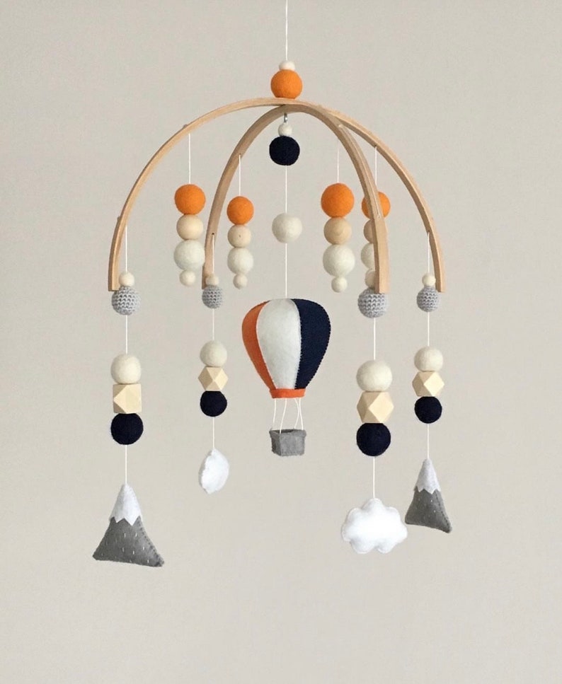 Handmade Baby Mobile, Postpartum Mother Gift, Felt Animal Crib Mobile,Zeppelin-Mountain-Cloud Patterned Mobile, Children Room Decor Gift image 1