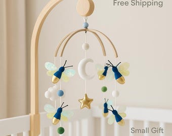 Firefly Baby Mobile – Handmade Felt Crib Mobile with Glow Effect, Whimsical Nursery Decor, Baby Shower Gift