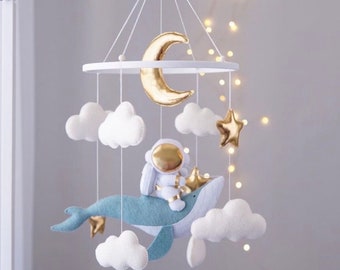 Handmade Baby Crib Mobile, Postpartum Mother's Gift, Felt Animals Crib, Whale, Astronaut Model Crib Mobile,Kids and Baby Room Decoration