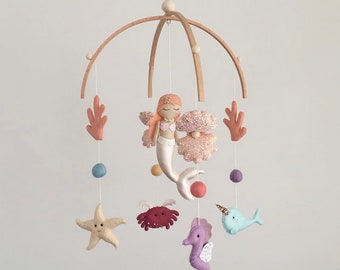 Mermaid Mobile,Handmade Movable,Postpartum Mother Gift,Felt Animal Crib Movable,Crib Mobile,Nursery Mobile, Baby Shower Gift for Unisex