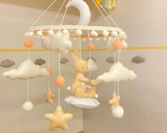 Handmade Baby Movable,Postpartum Mother Gift,Felt Animal Crib Movable, Mother-Baby Kangaroo Mobile with Pompom Cloud Star, Kids Room Decor