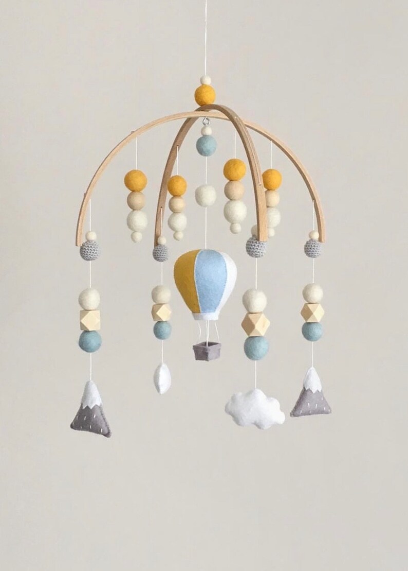 Handmade Baby Mobile, Postpartum Mother Gift, Felt Animal Crib Mobile,Zeppelin-Mountain-Cloud Patterned Mobile, Children Room Decor Gift image 3