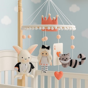 Alice İn Wonderland Nursery Mobile,Carroll Rabbit Flamingo Baby Crib Mobile,Nursery Hanging Crib Movable Mobile,Babyshower Gift,Newborn Gift